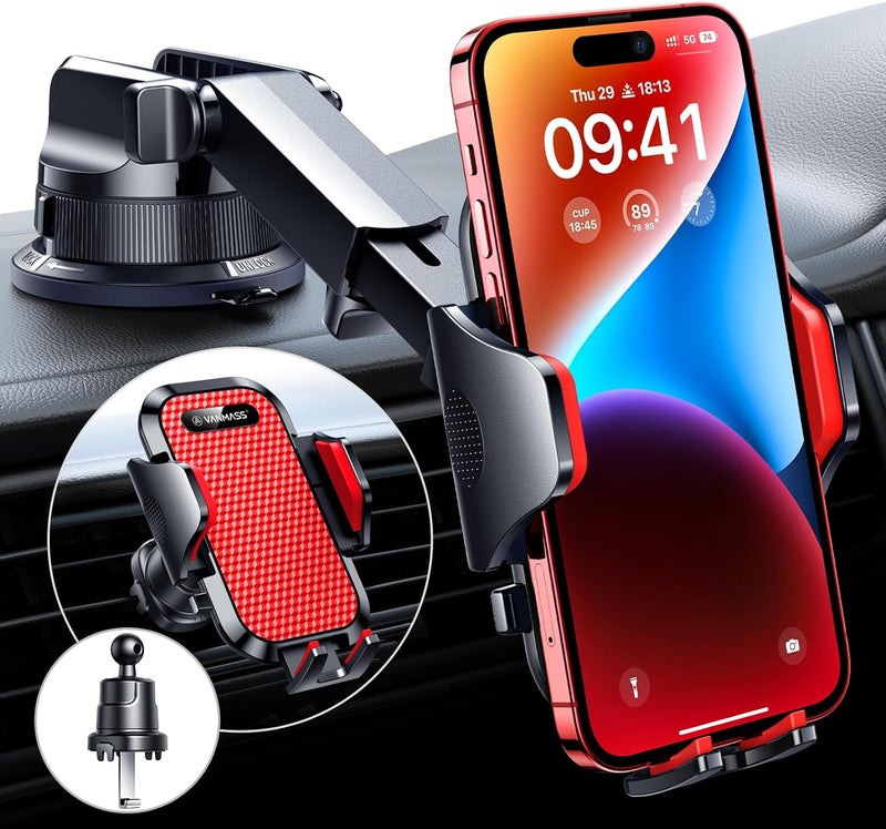 VANMASS [True Military-Grade] Car Phone Holder [Best Suction & Clip] Cell Phone Mount for Dashboard Windshield Vent Truck Cradle Dash Stand for iPhone 15 Pro Max 14 13 12 Android, Red - Image 1
